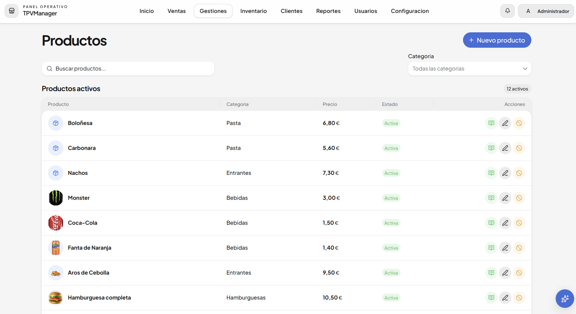 Gestión de productos y categorías